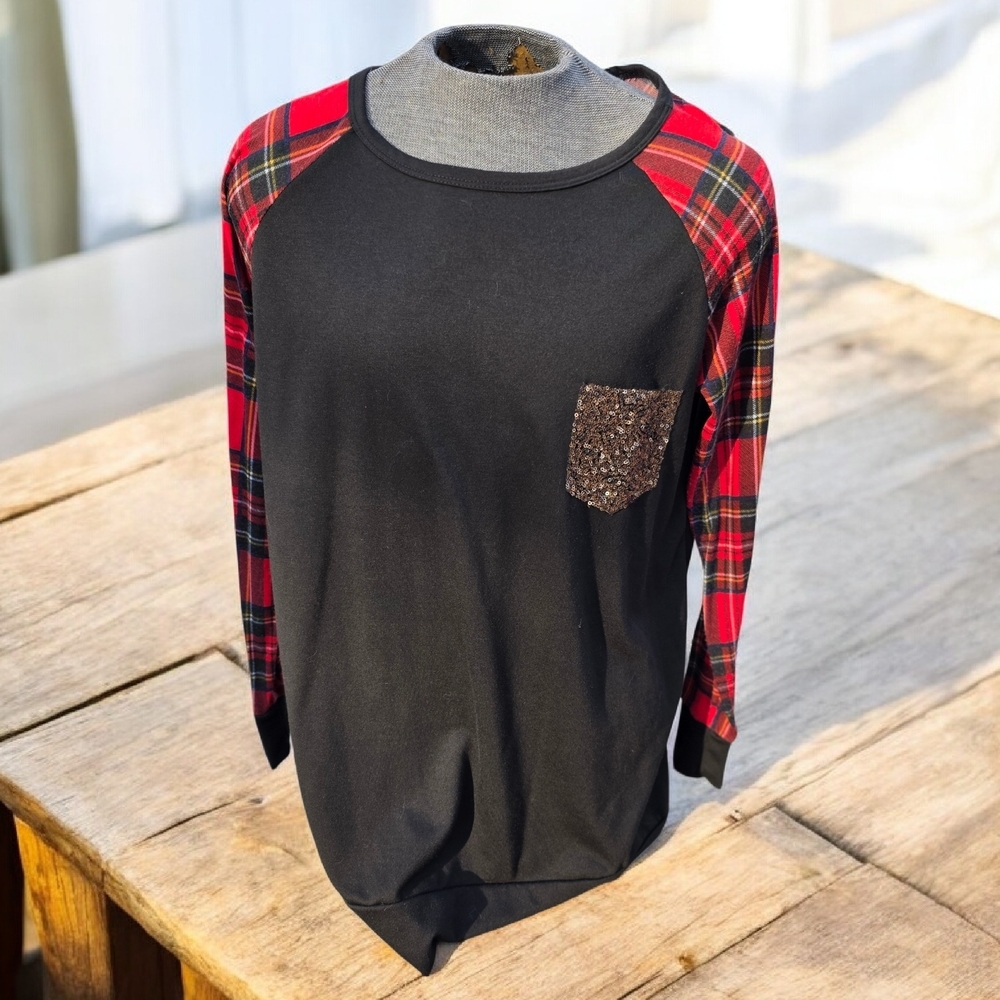 Giddyup Glamour Size XL Plaid Sleeve Black Women's Shirt With Gold Sequin Pocket